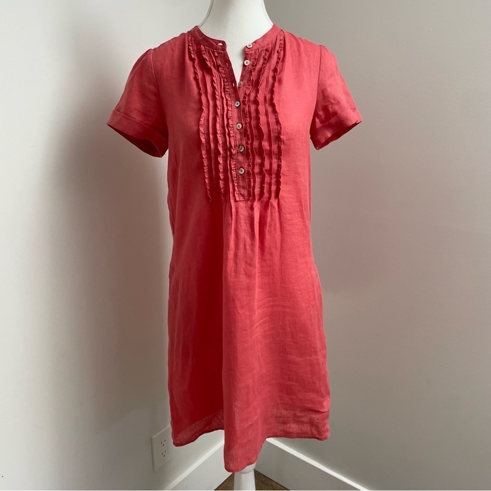 Gerard Darel 100% Linen Pink Ruffle Detail Shirt Dress